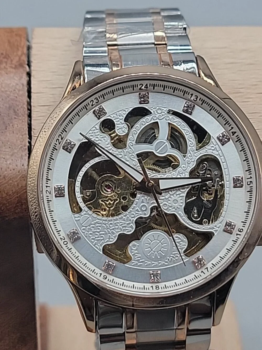 Luminous Mens Skeleton Automatic Watch 42mm T22k Gold Plated Diamond Markers
